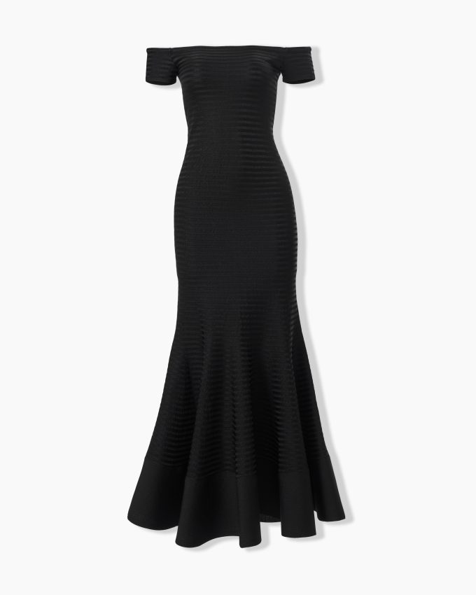 Stripe-Knit Off-Shoulder Trumpet Dress