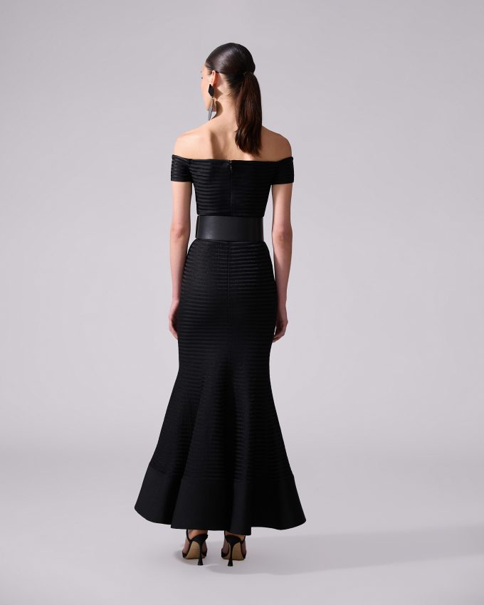 Stripe-Knit Off-Shoulder Trumpet Dress