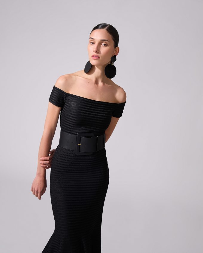 Stripe-Knit Off-Shoulder Trumpet Dress