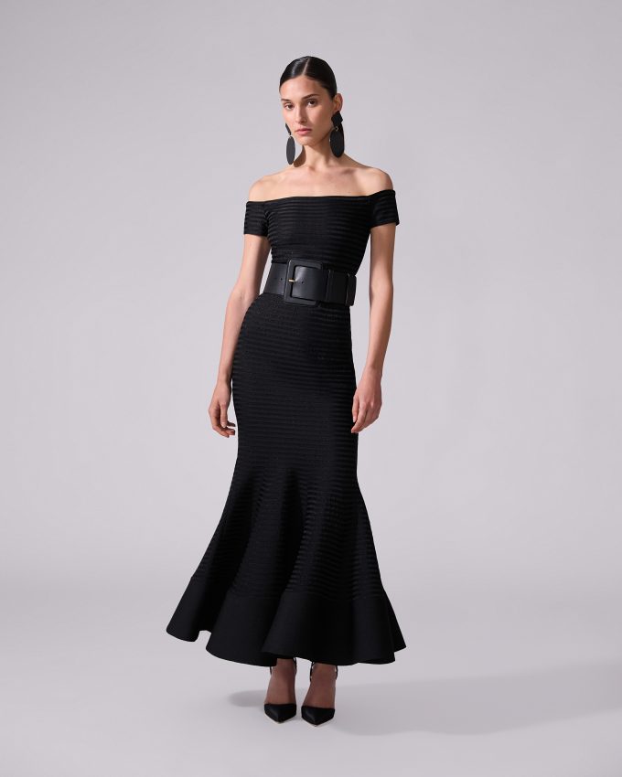 Stripe-Knit Off-Shoulder Trumpet Dress