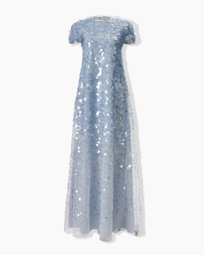 Short-Sleeve Paillette-Embellished Gown