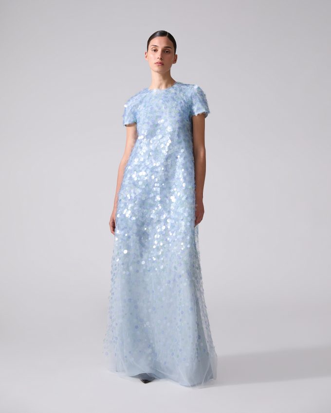 Short-Sleeve Paillette-Embellished Gown