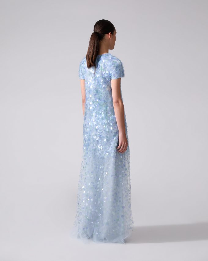 Short-Sleeve Paillette-Embellished Gown