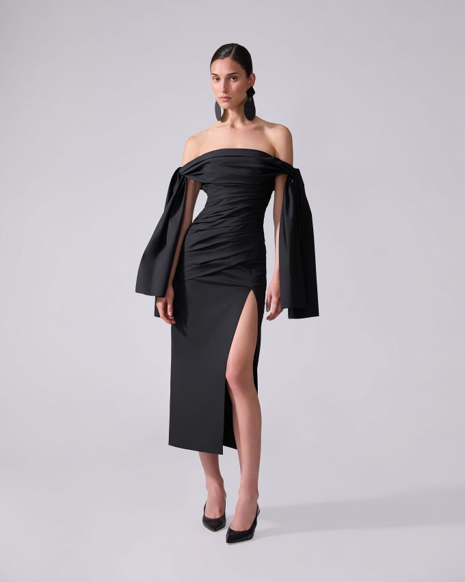 Off-The-Shoulder Tie Midi Dress