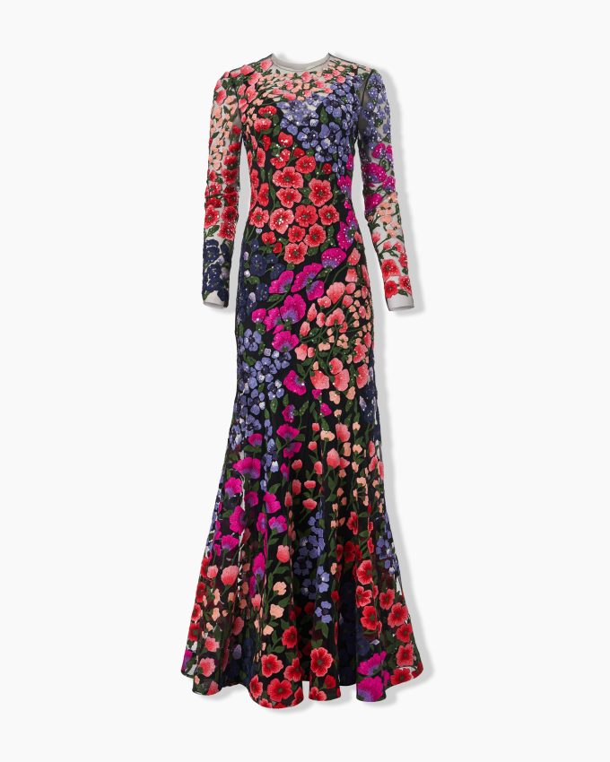 Floral-Embroidered Tulle Trumpet Gown