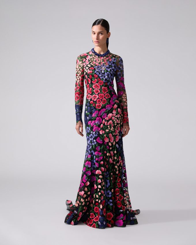 Floral-Embroidered Tulle Trumpet Gown