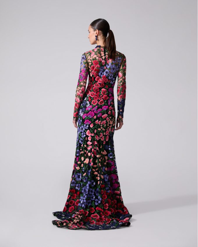 Floral-Embroidered Tulle Trumpet Gown