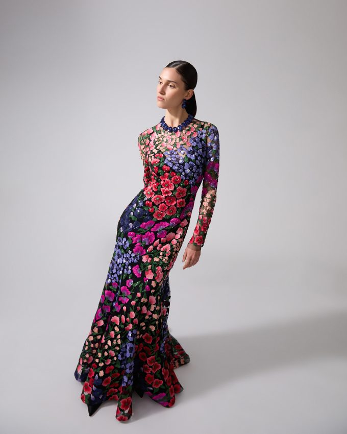 Floral-Embroidered Tulle Trumpet Gown