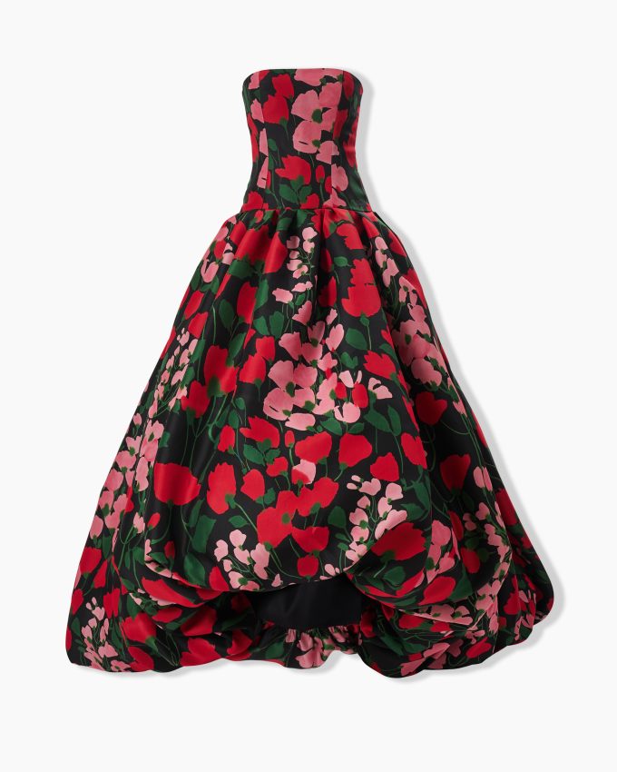 Floral-Print Strapless High-Low Gown