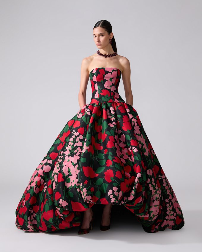 Floral-Print Strapless High-Low Gown