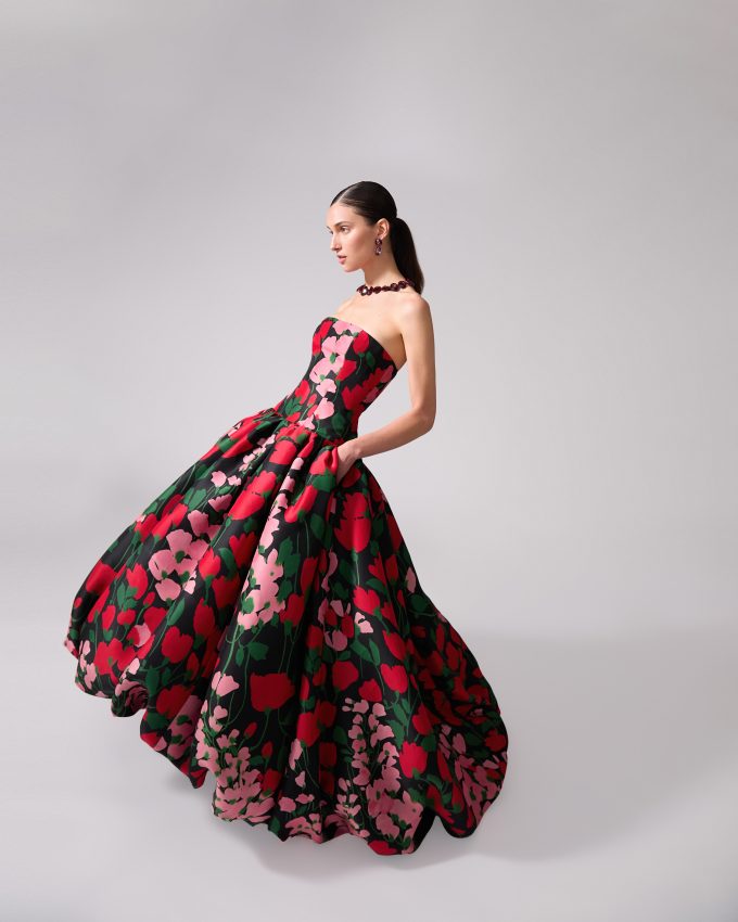 Floral-Print Strapless High-Low Gown