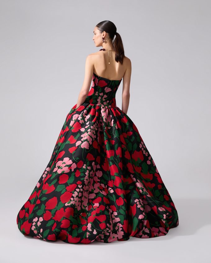 Floral-Print Strapless High-Low Gown