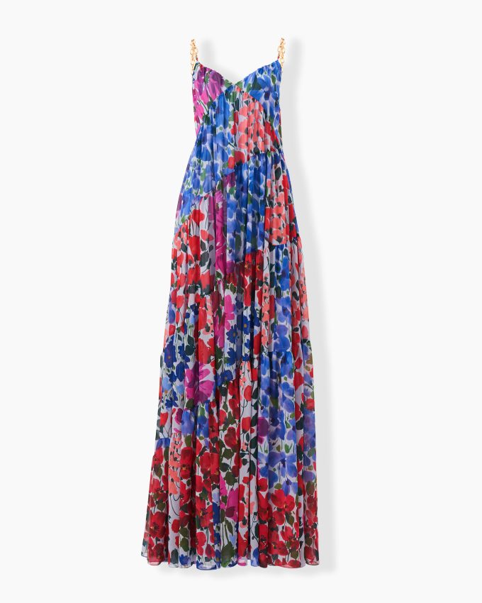 Chain-Strap Jardin-Print Tiered Gown