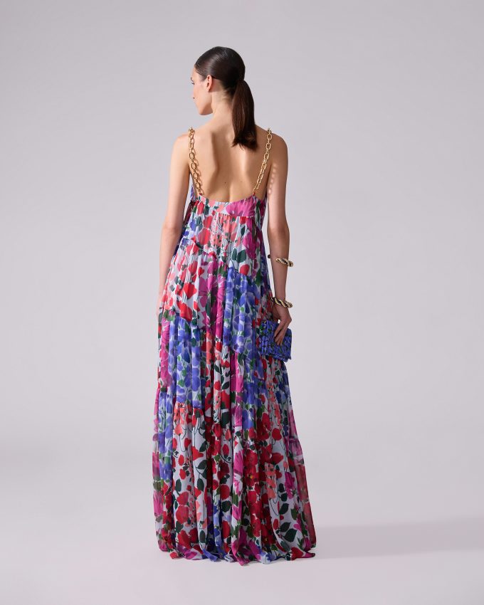 Chain-Strap Jardin-Print Tiered Gown
