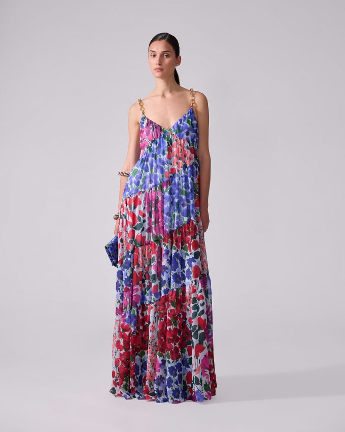 Chain-Strap Jardin-Print Tiered Gown