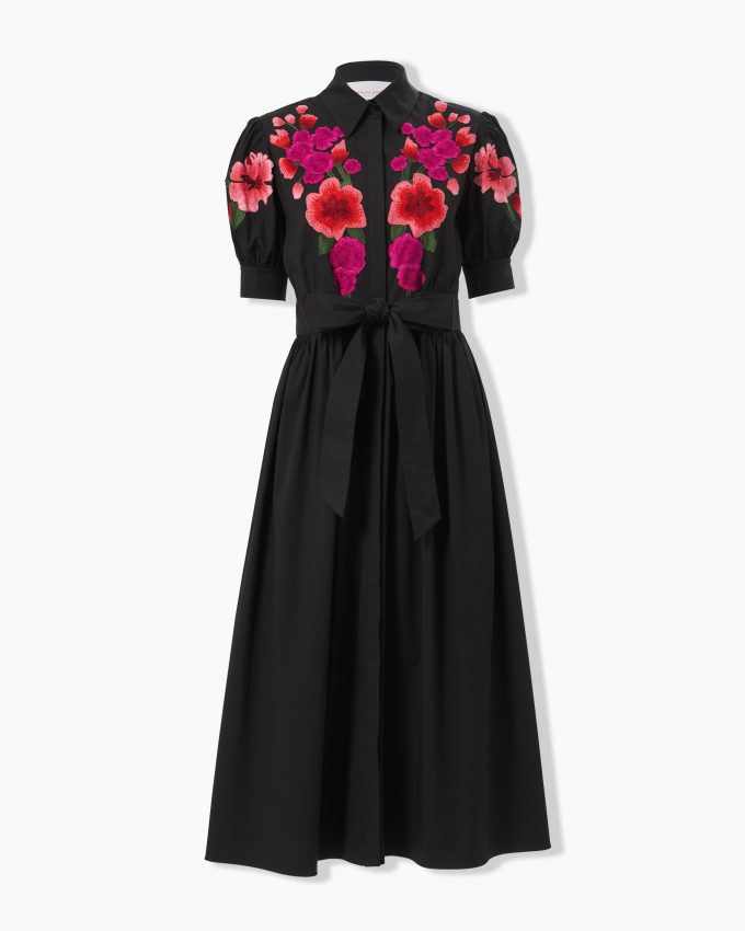 Floral-Embroidered Shirt Dress With Tie