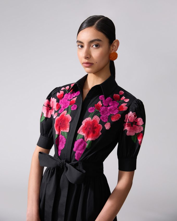 Floral-Embroidered Shirt Dress With Tie
