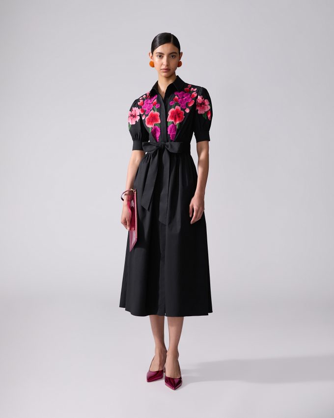 Floral-Embroidered Shirt Dress With Tie