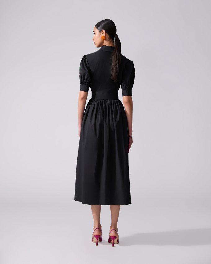 Floral-Embroidered Shirt Dress With Tie