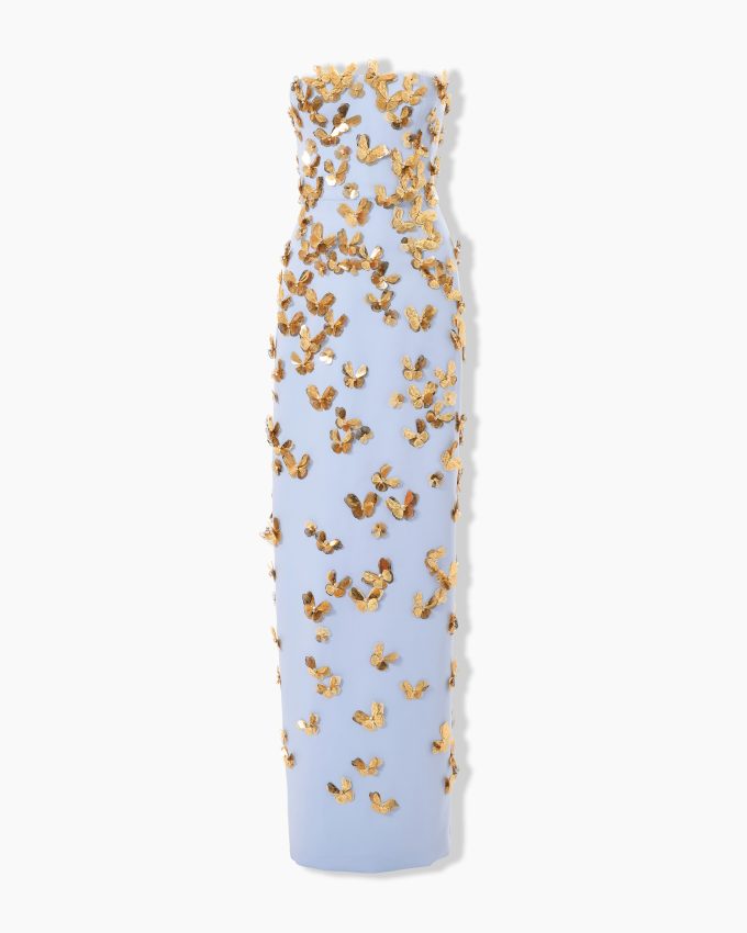 Butterfly-Embellished Strapless Gown