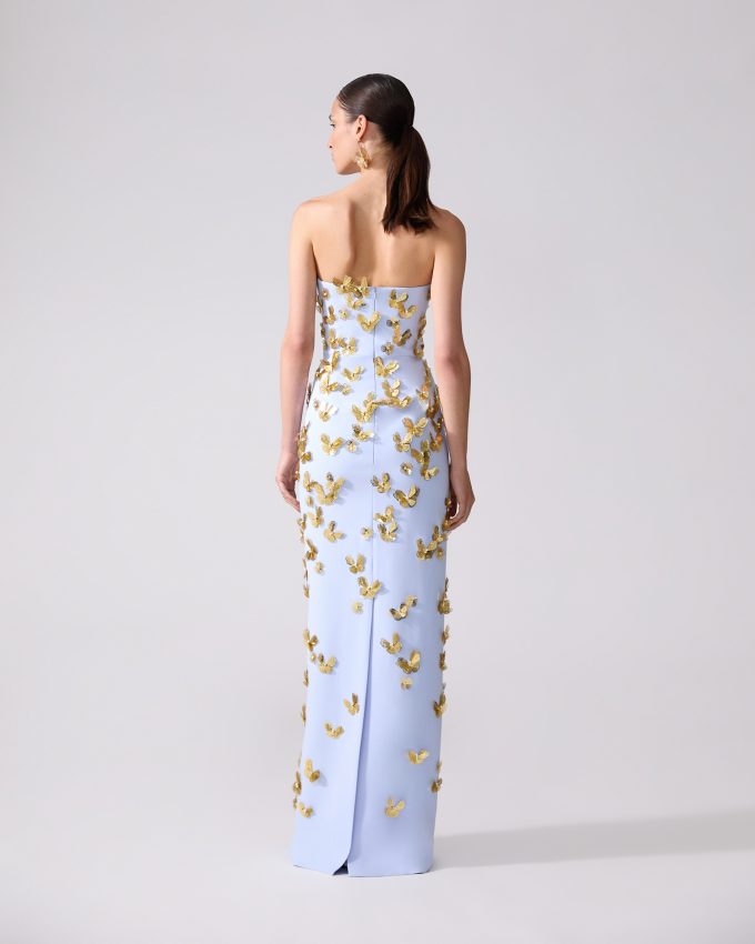 Butterfly-Embellished Strapless Gown