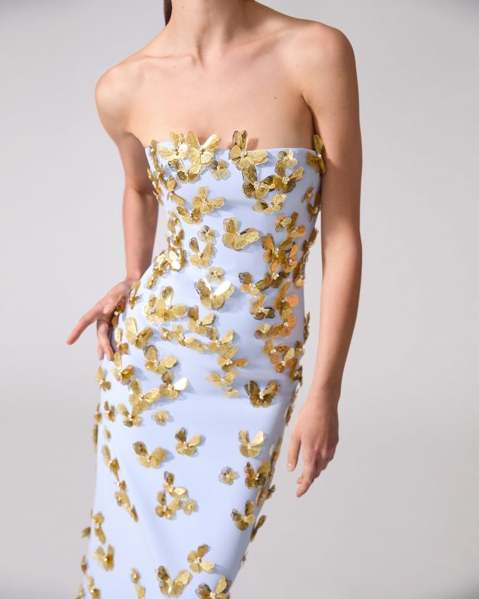 Butterfly-Embellished Strapless Gown