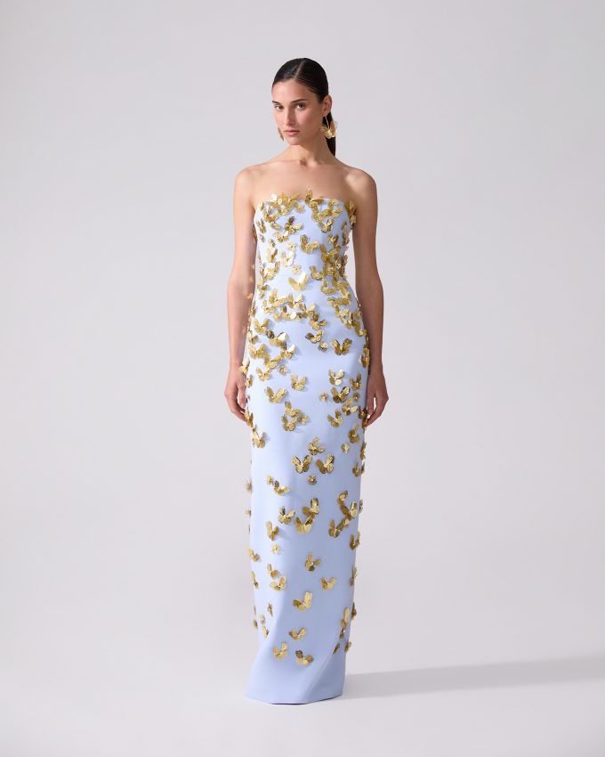 Butterfly-Embellished Strapless Gown