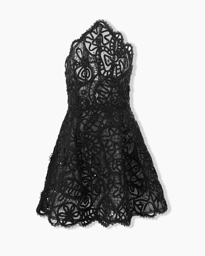 Embroidered Curved Neckline Mini Dress