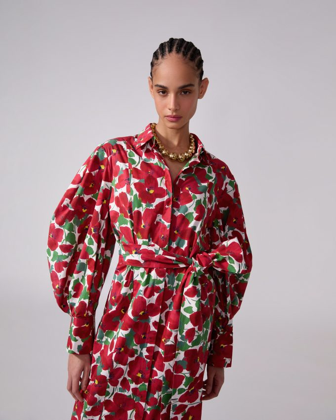 Floral-Print Puff-Sleeve Shirt Dress