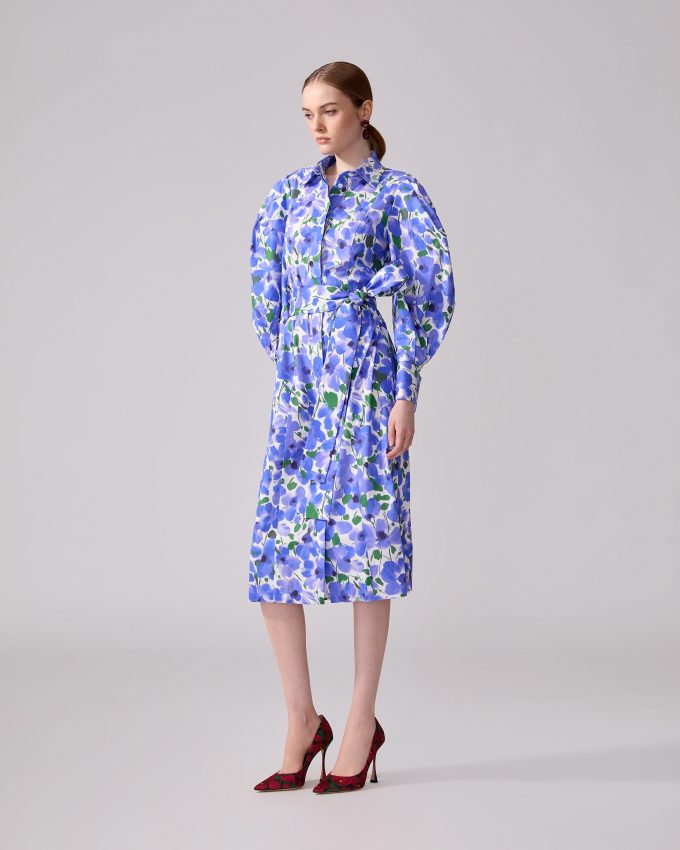 Floral-Print Puff-Sleeve Shirt Dress