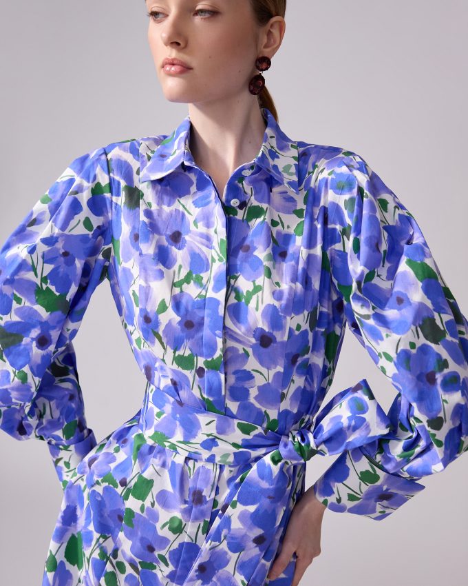 Floral-Print Puff-Sleeve Shirt Dress