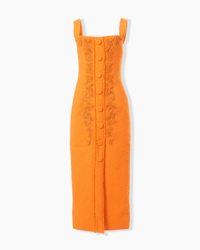 Embroidered Slub-Cotton Strapless Dress