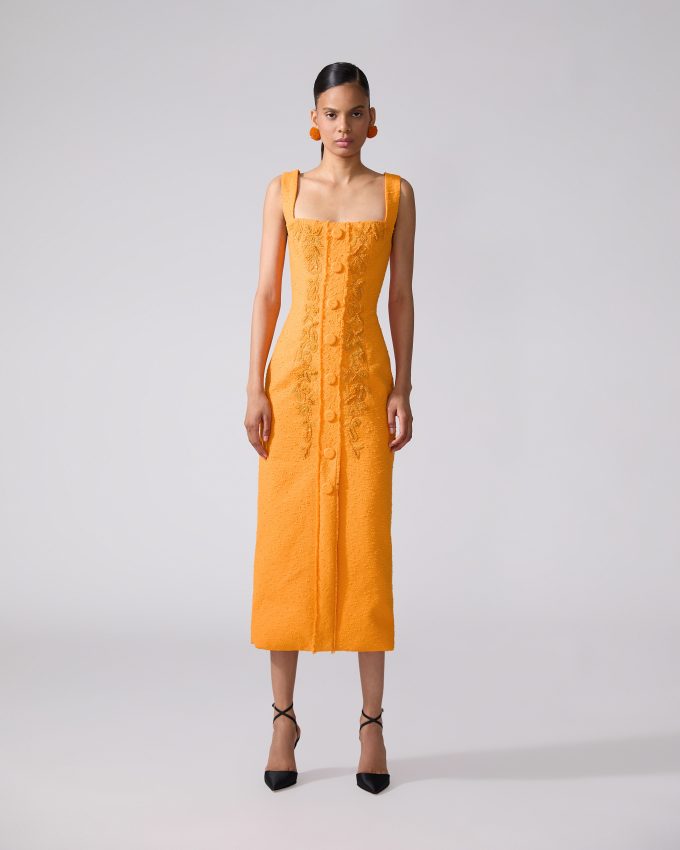 Embroidered Slub-Cotton Strapless Dress