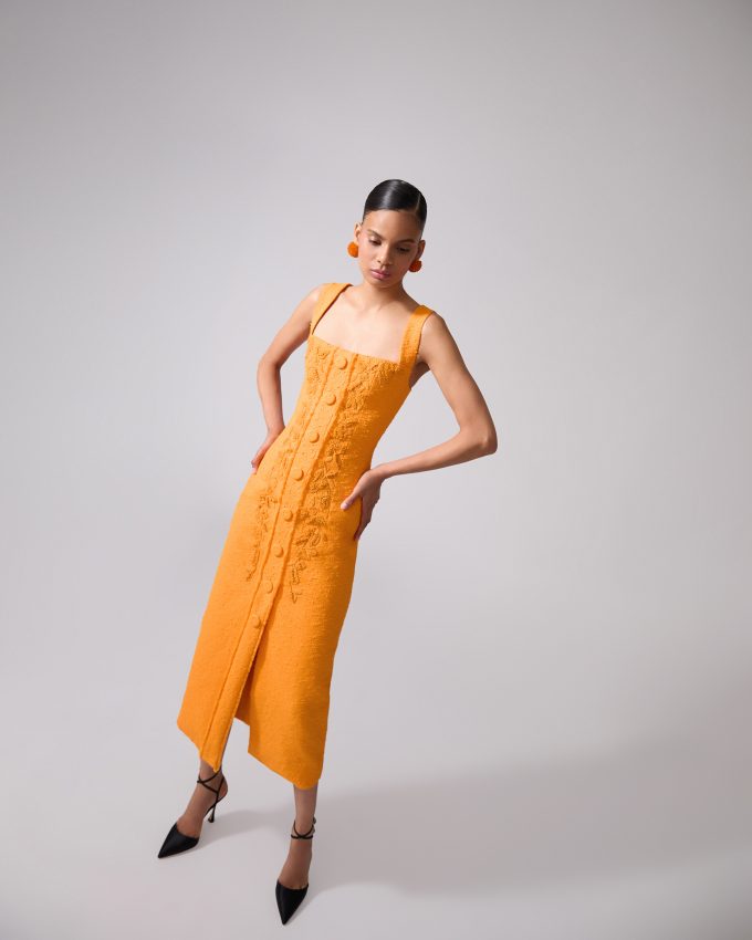 Embroidered Slub-Cotton Strapless Dress