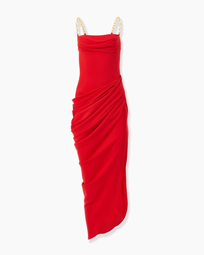 Chain-Strap Draped Midi Dress