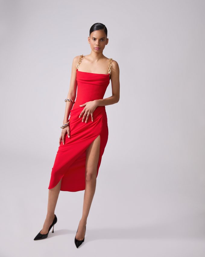 Chain-Strap Draped Midi Dress