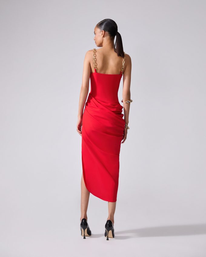 Chain-Strap Draped Midi Dress