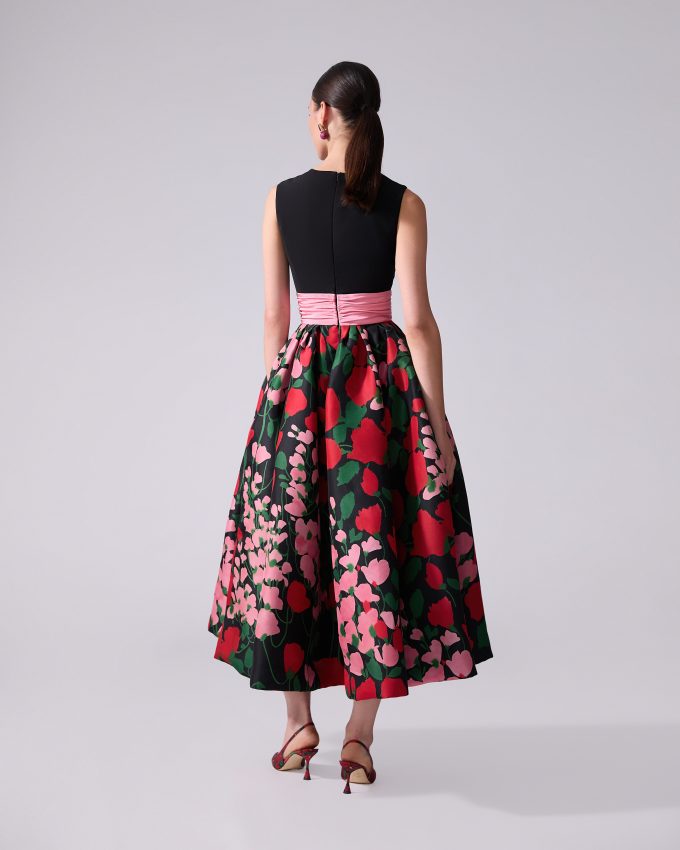 Floral-Print Cummerbund-Waist Dress