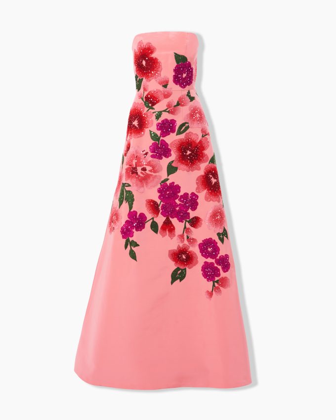Floral-Embroidered Strapless A-Line Gown