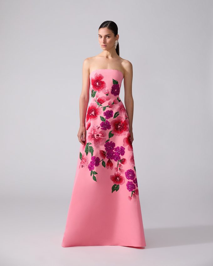 Floral-Embroidered Strapless A-Line Gown