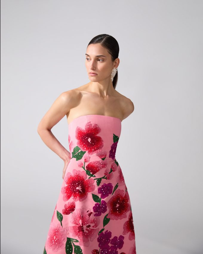 Floral-Embroidered Strapless A-Line Gown