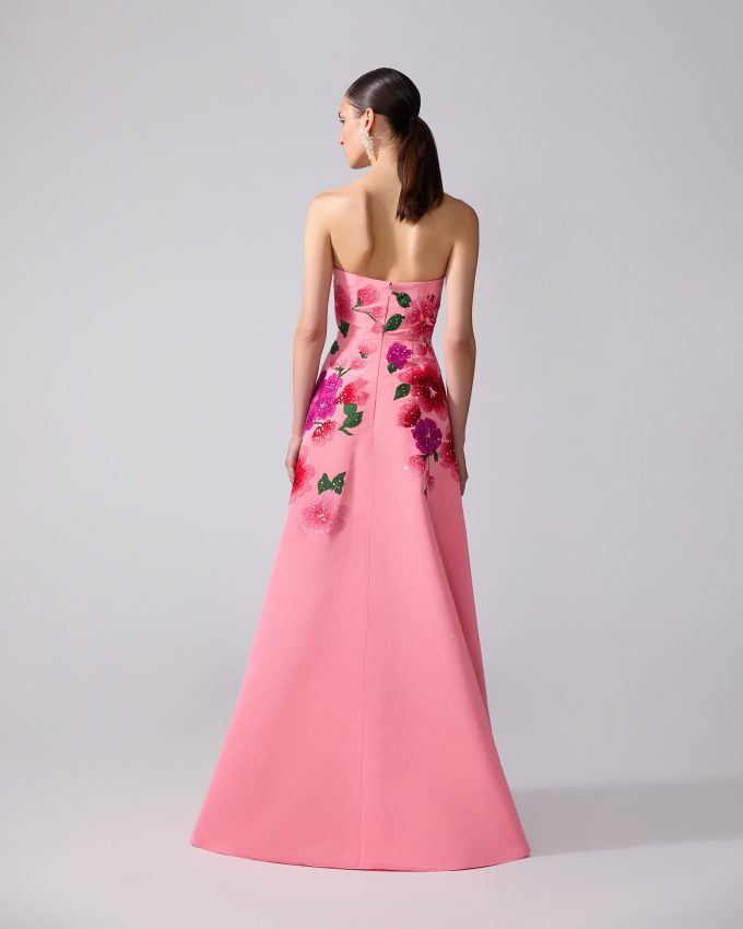 Floral-Embroidered Strapless A-Line Gown
