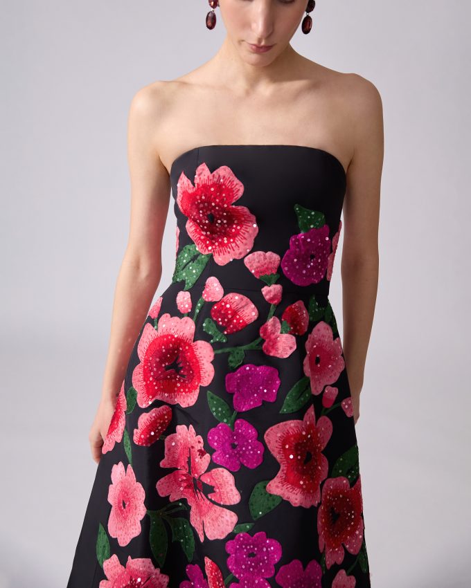 Floral-Embroidered Strapless A-Line Gown