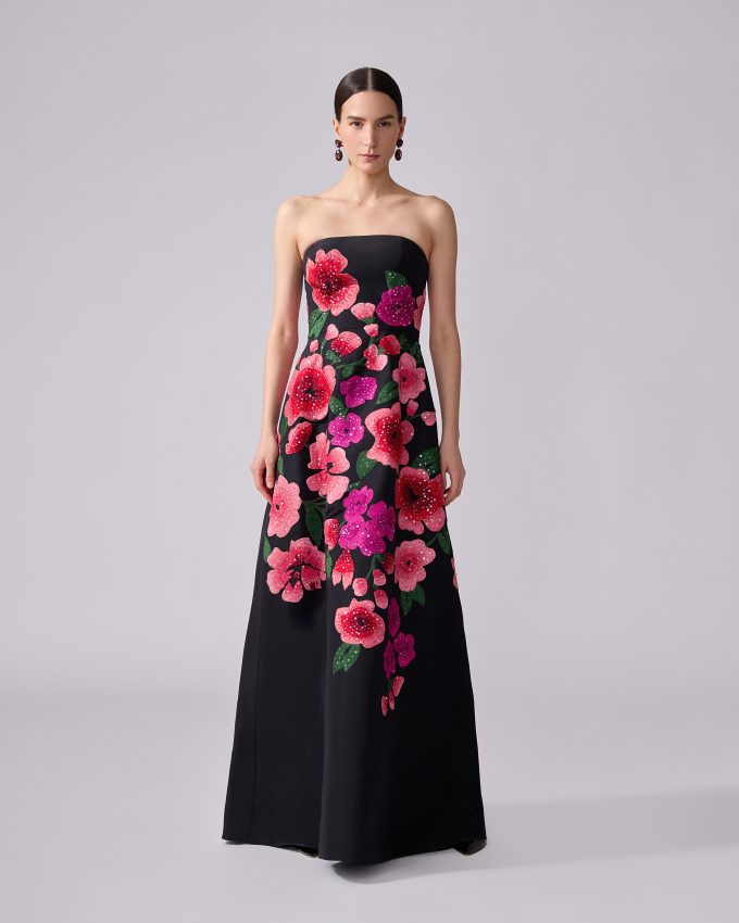 Floral-Embroidered Strapless A-Line Gown