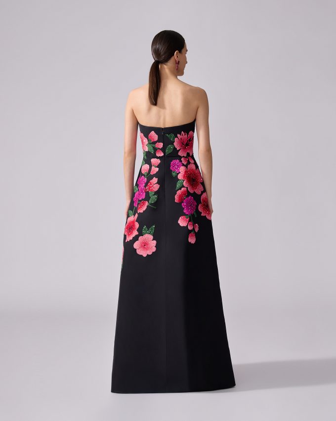 Floral-Embroidered Strapless A-Line Gown