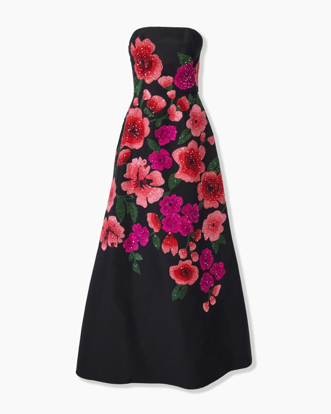 Floral-Embroidered Strapless A-Line Gown