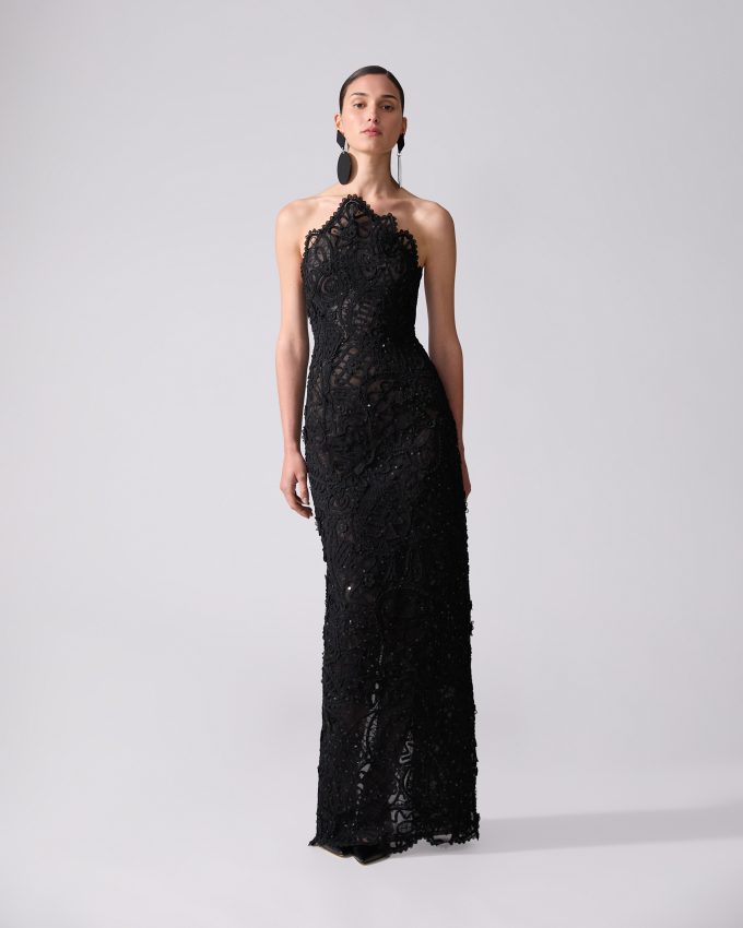 Embroidered Curved Neckline Dress