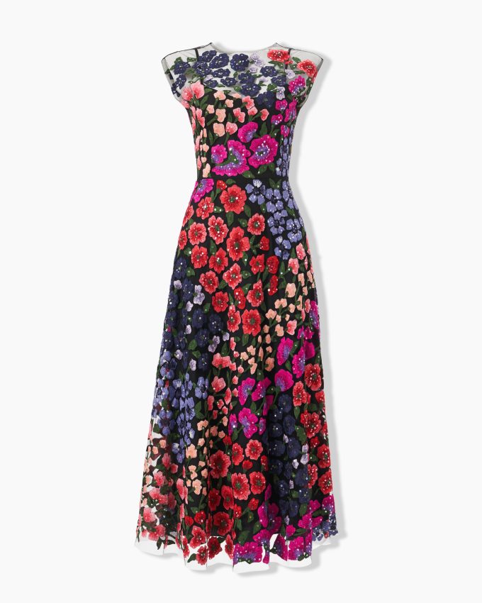 Floral-Embroidered Tulle Dress