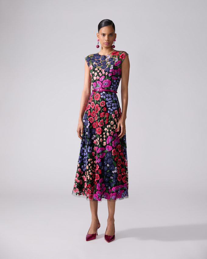 Floral-Embroidered Tulle Dress