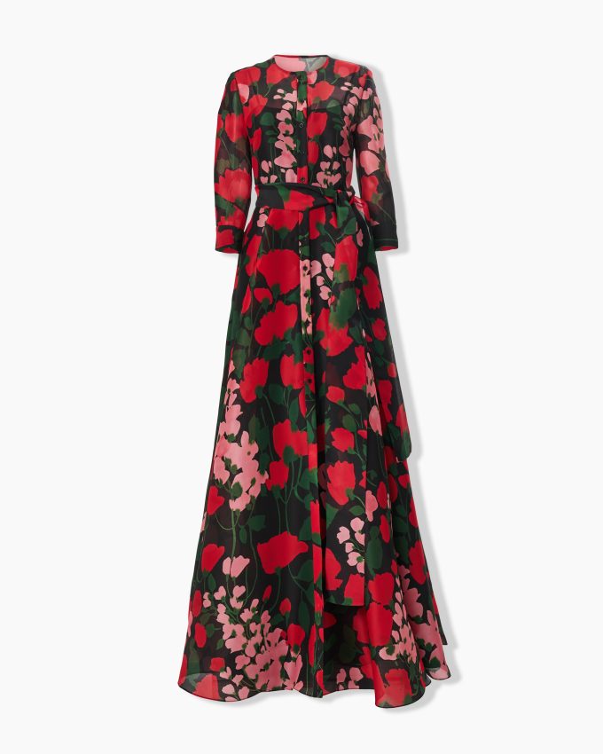 Floral-Print Collarless Trench Gown